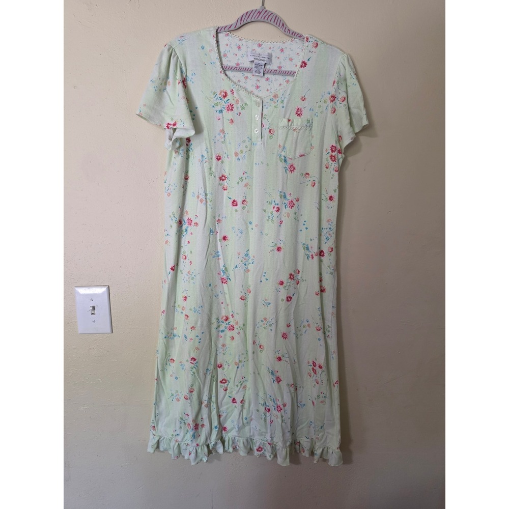 Karen Neuburger Encore Womens Green Floral Ruffle Henley Nightgown Size M